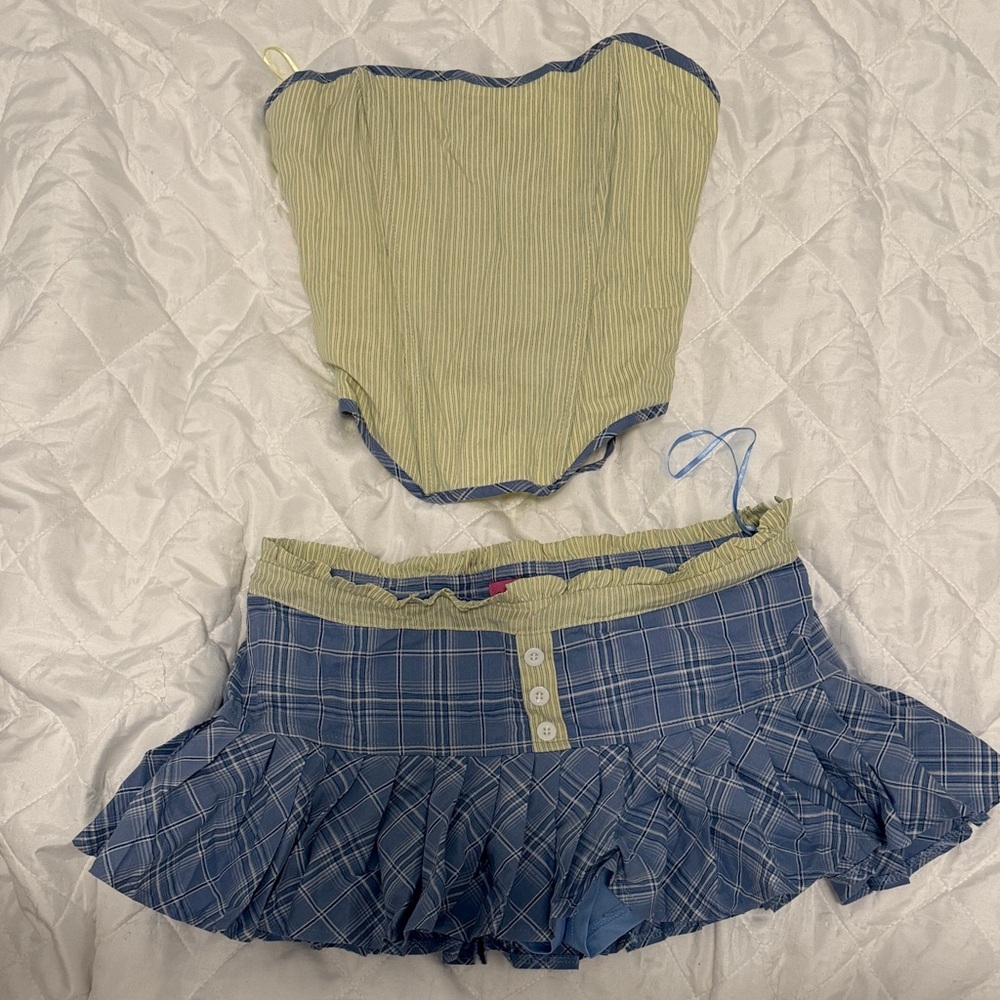 Edikted Striped Green and Plaid Blue Two-Piece Set Size small